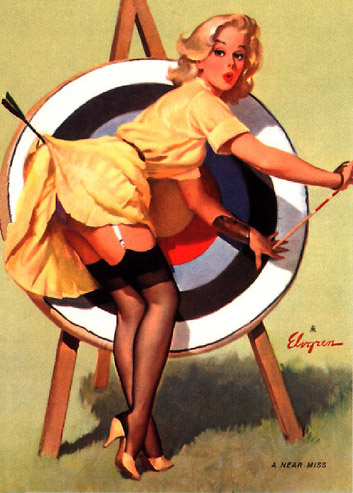 elvgren, pin-up,pinup,a near miss,right on target,1964